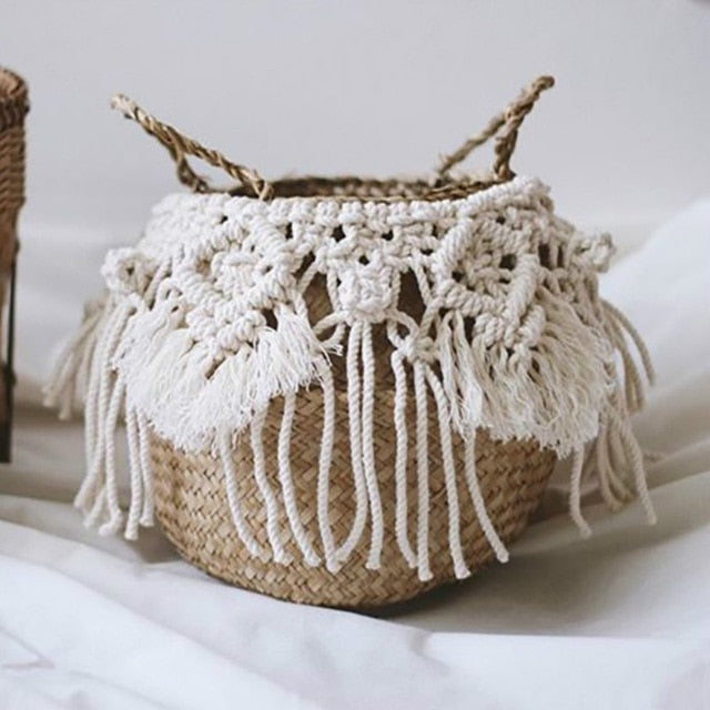 Cesto de Palha com Macramé Boho Chic