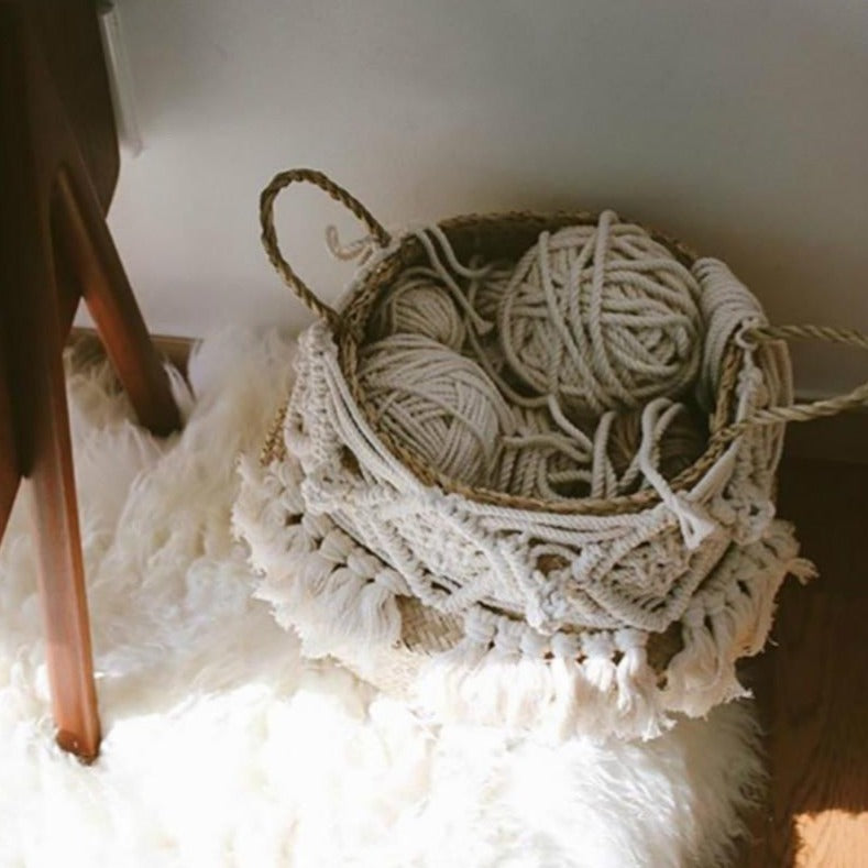 Cesto de Palha com Macramé Boho Chic