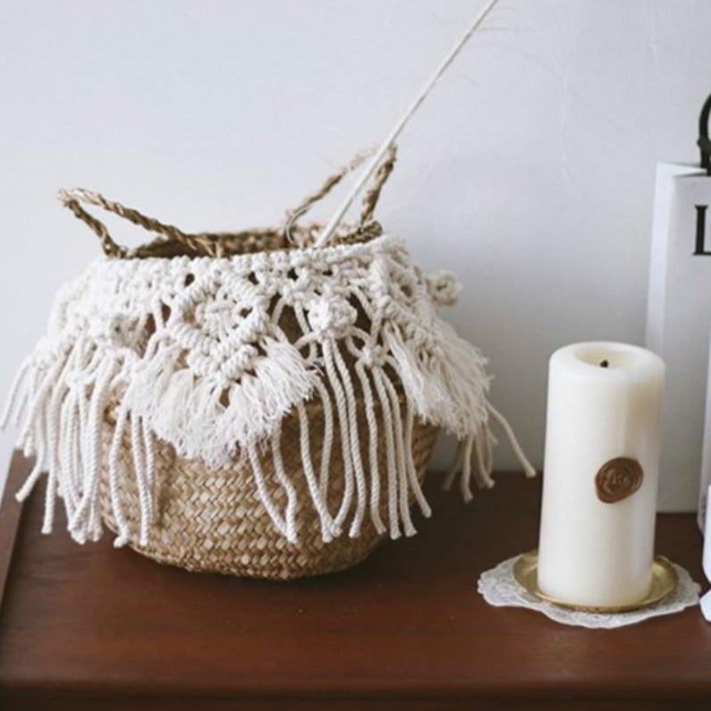 Cesto de Palha com Macramé Boho Chic