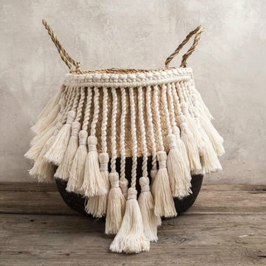 Cesto de Palha com Macramé Boho Chic